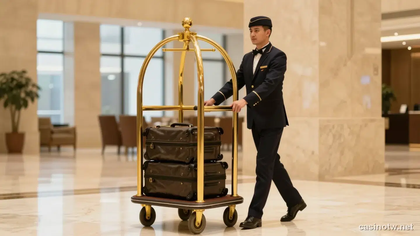 穿深色制服的飯店行李員推著金色行李推車、上面放兩個素面行李箱,穿過明亮的大理石飯店大廳,暖色調光線