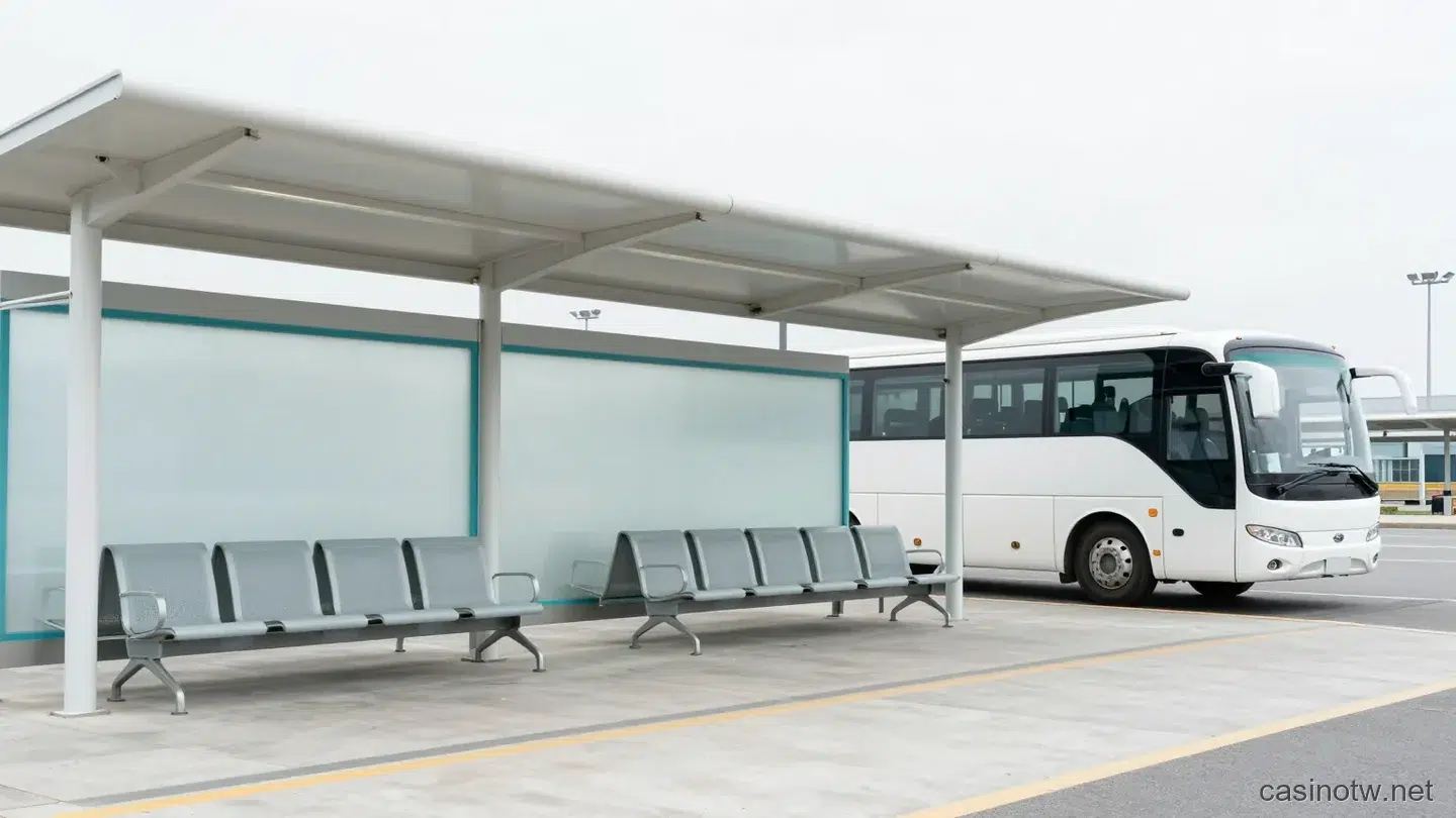 機場戶外候車區的白色與青綠色遮陽候車亭與排椅,路邊停著一輛素色白色大型巴士