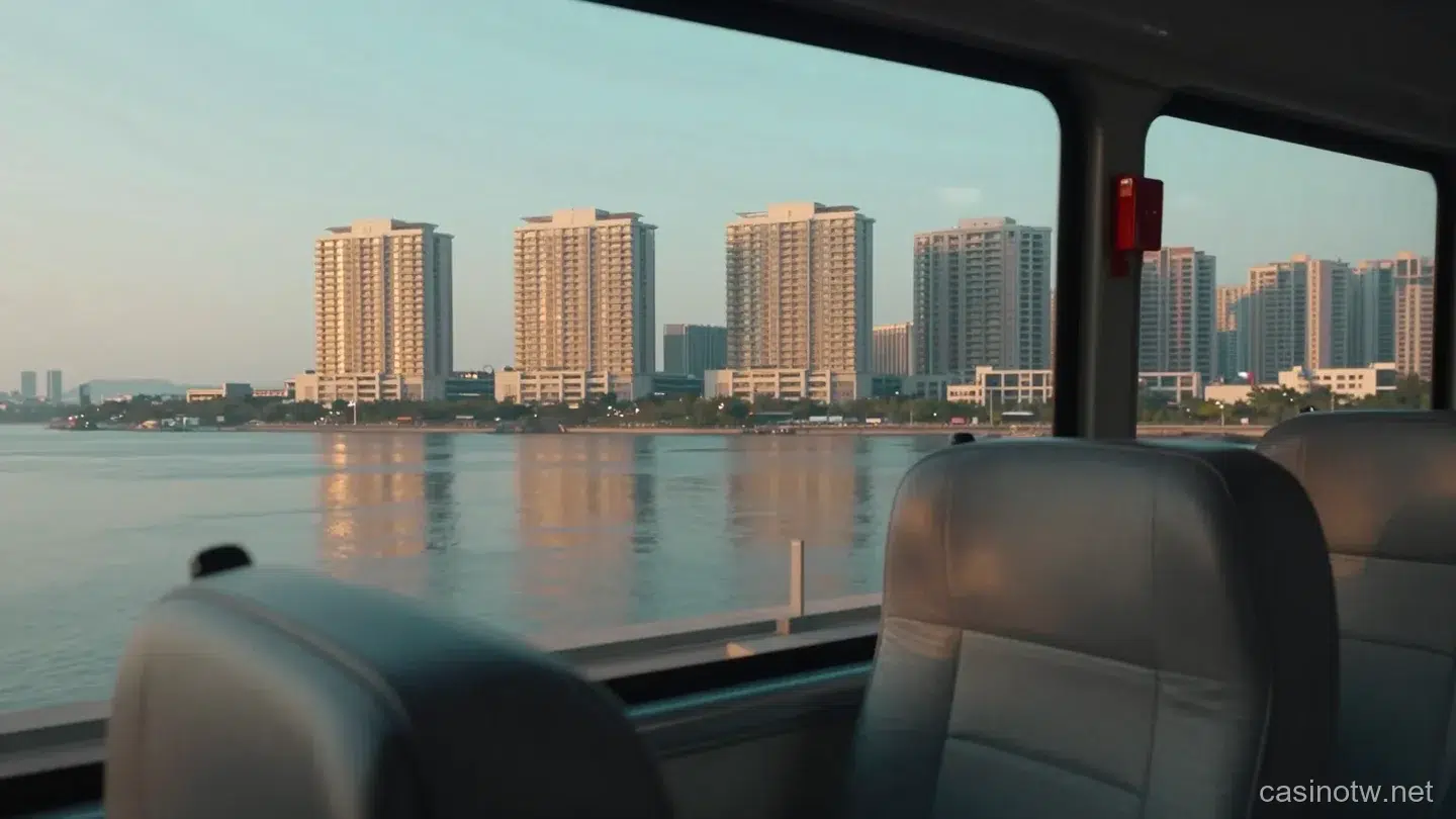 從巴士車窗往外看見的黃昏水岸城市天際線與高樓度假村,前景是空著的灰色巴士座椅