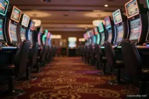 澳門賭場自由行、景點、旅遊 10 澳門賭場角子機區的中央走道,兩排機台的螢幕全部離焦成暖橘與青綠色光暈,地面是紅金花紋地毯,座椅整排空著